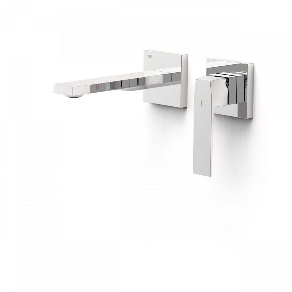 Tres Slim Exclusive falba süllyesztett, kétrészes, egykaros mosdó csaptelep, 180 mm-es kiömlővel, leeresztővel, króm 20230001